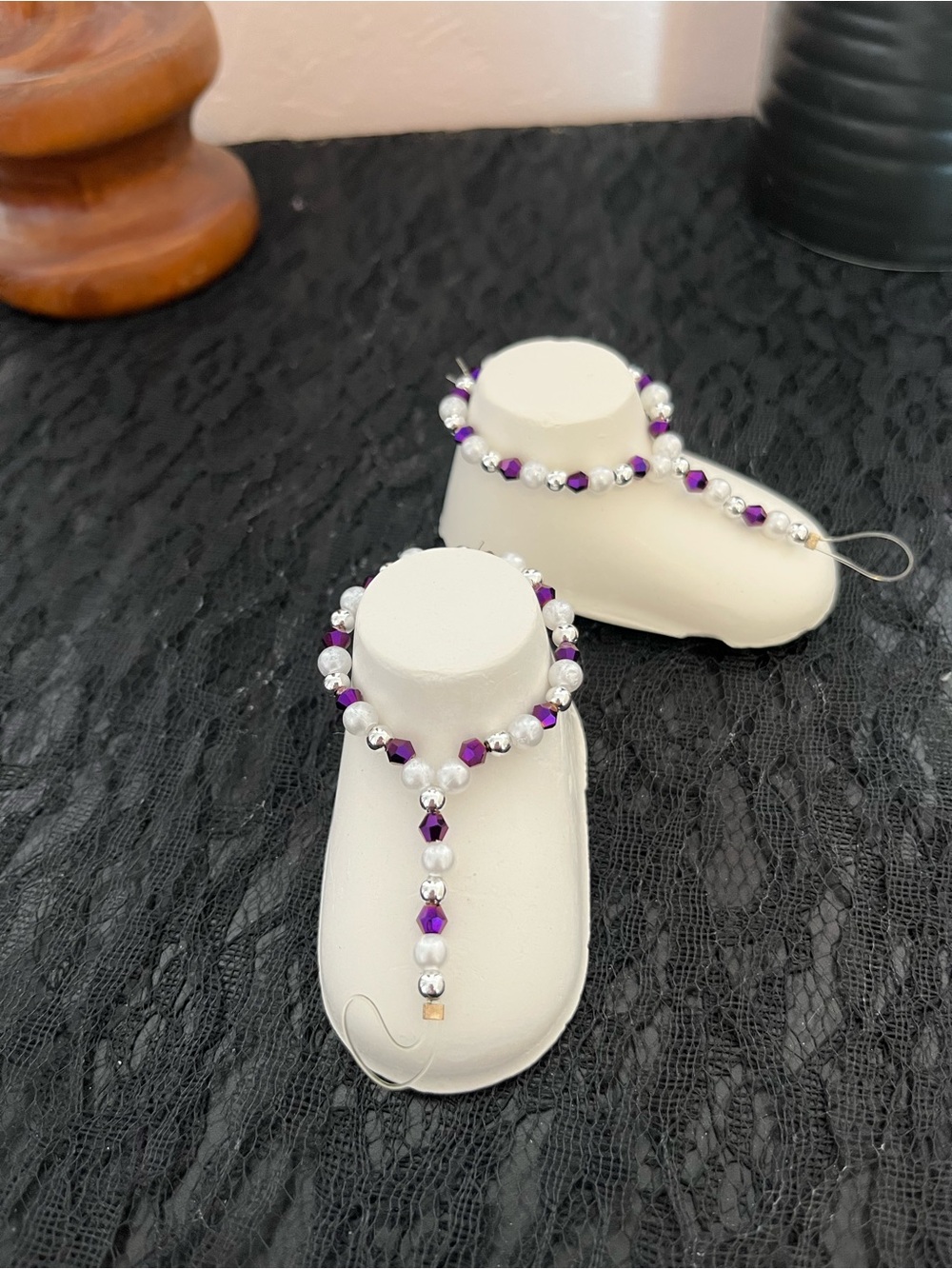 Handmade Purple and White Beaded Barefoot Sandals Set